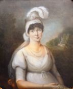LATE 18TH CENTURY ENGLISH SCHOOL "Elizabeth Nevison", lady seated in white dress with feathered cap,