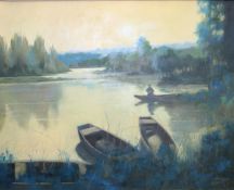 RICHARD EWEN (1928-2009) "Lone fisherman with three rowing boats on lake in foreground",