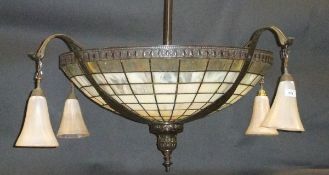 A pearlescent glass and coppered ceiling light in the Tiffany manner,