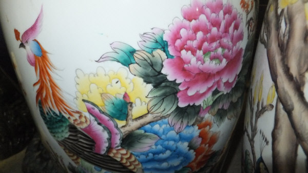 Two modern Oriental porcelain floor vases polychrome decorated with birds amongst blossom - Image 2 of 6