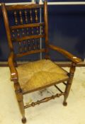 A set of six North Country style rush seated spindle back dining chairs,