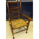 A set of six North Country style rush seated spindle back dining chairs,