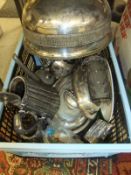 A box of assorted plated wares, to include entree dish, biscuit basket, food dome,