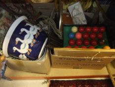 A collection of assorted items to include snooker balls, ornamental china, mirror, suitcase,