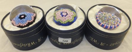 Three Whitefrairs millefiore glass domed paperweights, each with signature/date cane, one for