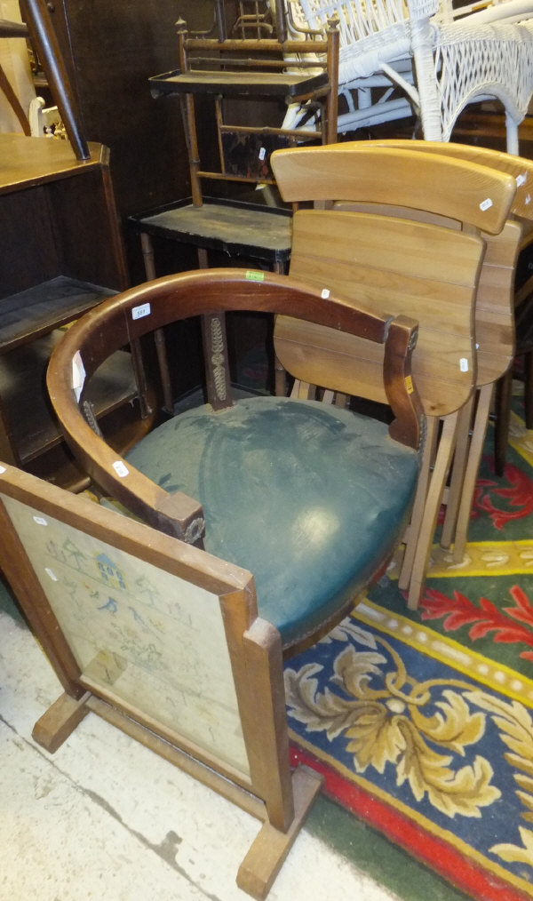 An Empire style desk chair, needlework fire screen, two folding chairs,