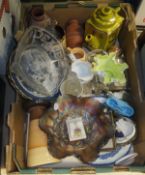 A box of assorted chinawares to include a Ringtons Tea teapot,