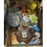 A box of assorted chinawares to include a Ringtons Tea teapot,