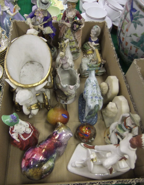 Two boxes of decorative china wares and ornaments to include Royal Doulton figurine "Christmas