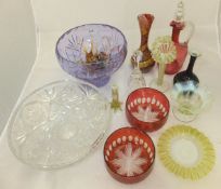 A collection of various glass to include a large blue tinted cut glass stemmed bowl and another