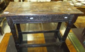 A 17th Century and later rectangular joint stool on ringed and turned supports united by stretchers