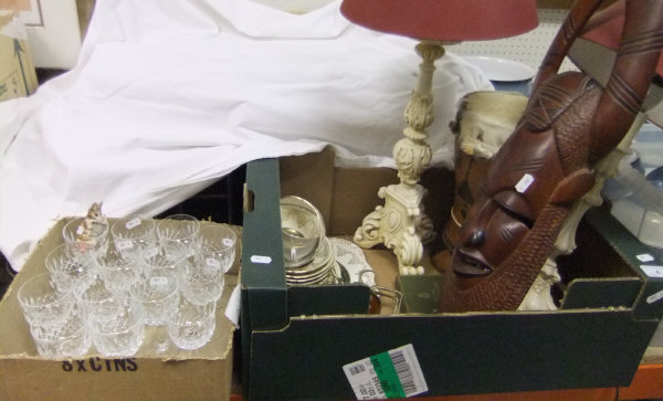 A box of wine glasses, a Beswick Beatrix Potter "Tailor of Gloucester" figure,