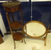 An Edwardian mahogany and inlaid three tier plant stand and a modern mahogany dressing mirror (2)