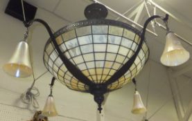 A pearlescent glass and coppered ceiling light in the Tiffany manner,