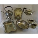 A collection of plated wares to include spirit kettle, three piece tea set, octagonal tray, etc.