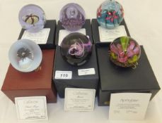 A collection of six Caithness glass paperweights - "Mistral", No'd. 20/750, "Springtime", No'd.