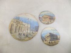 Three "Grand Tour" miniatures on ivory depicting classical buildings