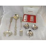 A collection of Danish silver and plated cutlery and candlesticks to include a pair of fish servers,