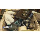 A basket and contents of various sundries including two straw boaters, oak hall mirror, Womble toy,