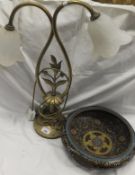 A Chinese cloisonné decorated bowl and a twin branch brass table lamp,