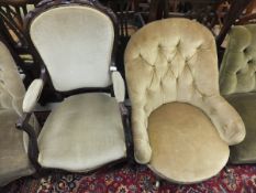 An early Victorian salon chair in pale yellow button back upholstery,