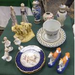 Three Continental porcelain cabinet plates, each with gilt star decorated cobalt blue rims, two