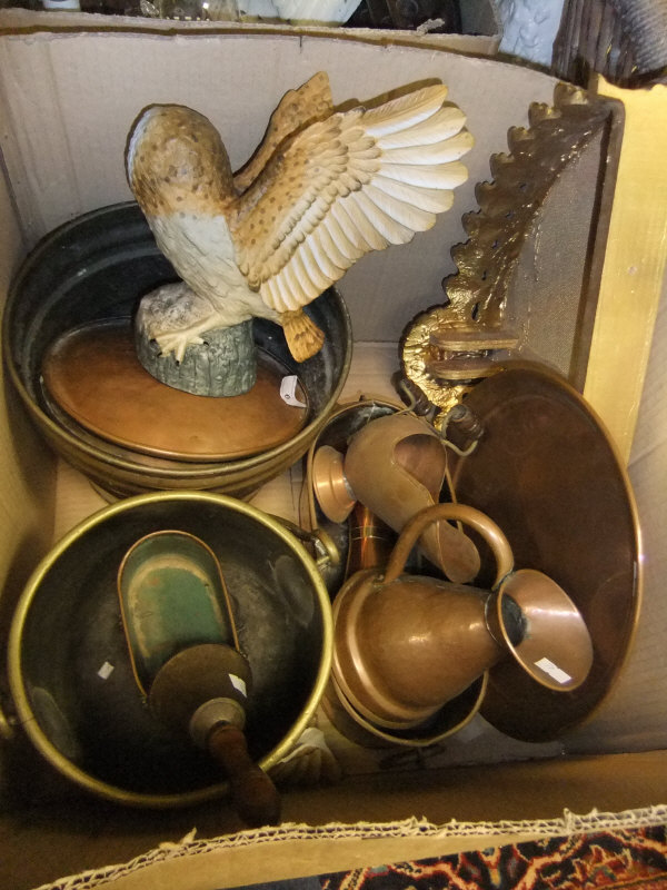A box containing assorted copper and brasswares to include jardiniers, etc.