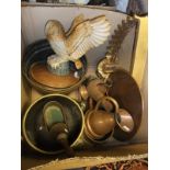 A box containing assorted copper and brasswares to include jardiniers, etc.