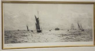 AFTER W L WYLLIE "Shipping with martello tower", black and white etching, signed in pencil lower