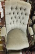 A Victorian mahogany framed salon chair in pale green buttoned back upholstery