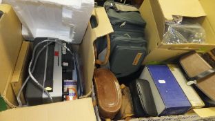 A box and contents of various camera equipment and binoculars,