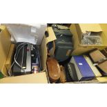 A box and contents of various camera equipment and binoculars,