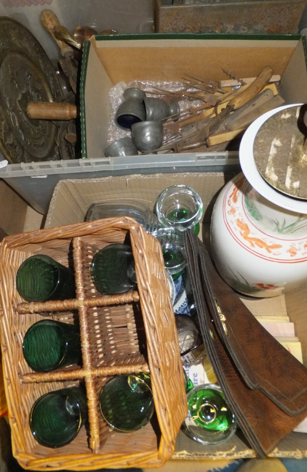 A box containing assorted china and glasswares to include a table lamp, etc.