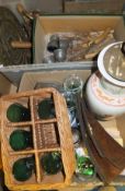 A box containing assorted china and glasswares to include a table lamp, etc.