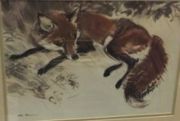 AFTER RALPH THOMPSON "Fox resting", colour print, together with ENGLISH SCHOOL "Cottage scene",