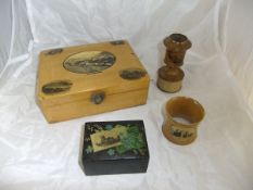 A box of assorted Mauchlin wares, etc, to include Crystal Palace Sydenham barrel money box,