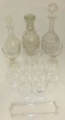 A collection of various glass to include three various 19th Century cut glass decanters with