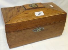 A Regency rosewood and boxwood strung sarcophagus shaped tea caddy