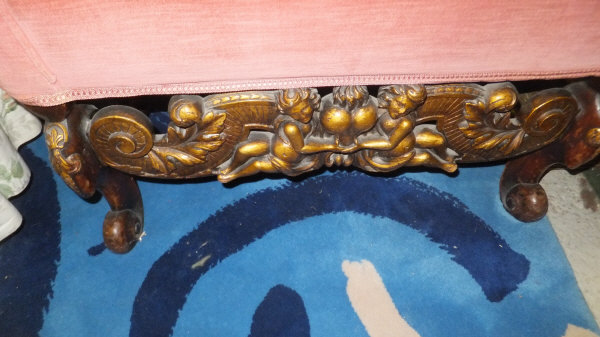 An 18th Century Continental wing back scroll arm chair on carved walnut and gilded base with - Image 2 of 4