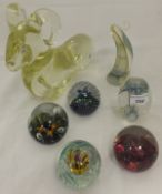 A collection of various glass to include five glass paperweights,