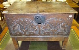 A 17th Century Bible box with carved front panel,