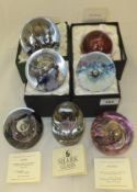 A collection of seven Selkirk Glass paperweights - "Illusion", No'd. 106/500, "Explorer", No'd.