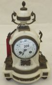 A French mantel clock with white alabaster body and brass embellishments,