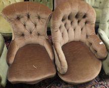 Two Victorian salon chairs in peach ground buttoned back upholstery