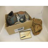 A box of miscellaneous items to include a cased Waterman's fountain pen with 14ct gold nib,