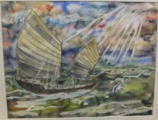 ROY CALNE "Junk in choppy seas", watercolour,
