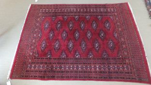 A Bokhara rug, the central red ground with repeating elephant foot medallion in black, cream,