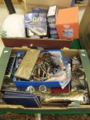 A box of assorted costume jewellery, stamps, British pennies, etc,