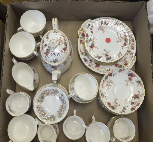 A collection of Minton "Ancestral" pattern tea wares to include two cake plates, teapot, milk jug,