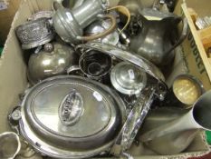 A box of assorted plated wares to include muffin dish, breakfast tureen, water jugs,